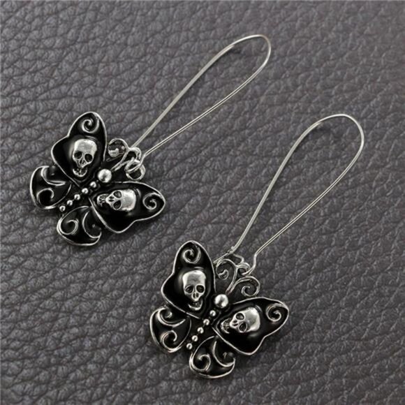 Unique Black Butterfly Skull Dangle Hook Drop Earrings - Picture 3 of 8
